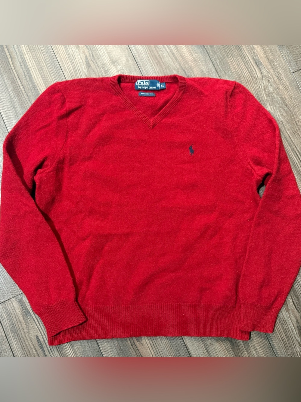 Vintage Polo Ralph Lauren Red Lambswool Sweater Navy Pony Logo XL Preppy